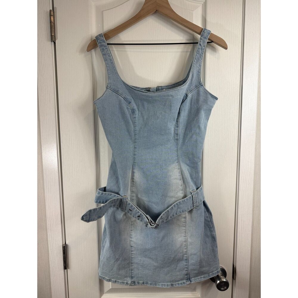 Love Tree Denim Womens S Light Wash Belted Mini Dress Sleeveless NWT